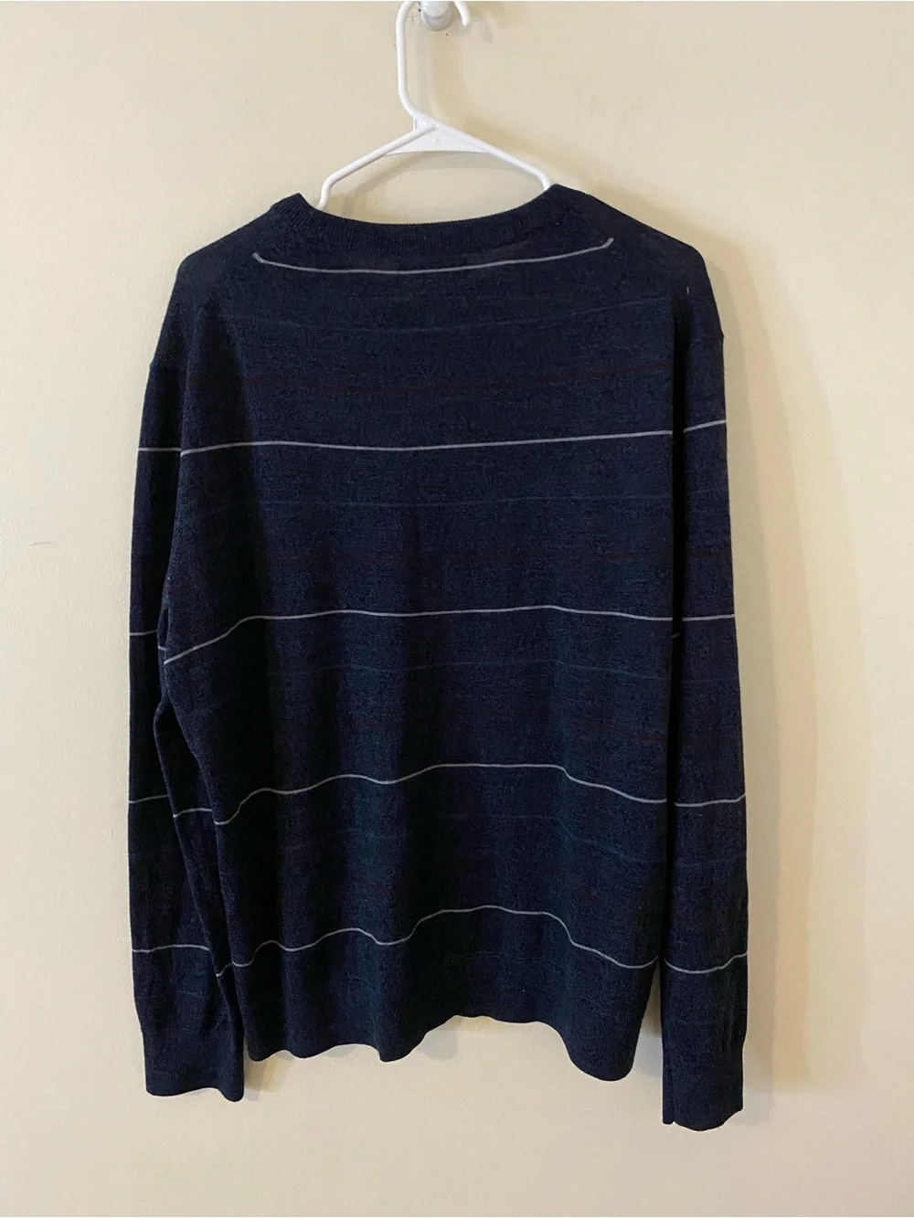 Banana Republic Merino Wool Navy Crewneck Sweater with Thin Gray Stripes
